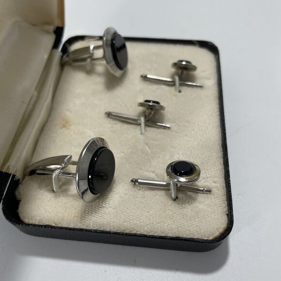 Vtg After Six By Rudofker Silver Black Men’s Formal Classic Cufflink Stud Set - Picture 4 of 6